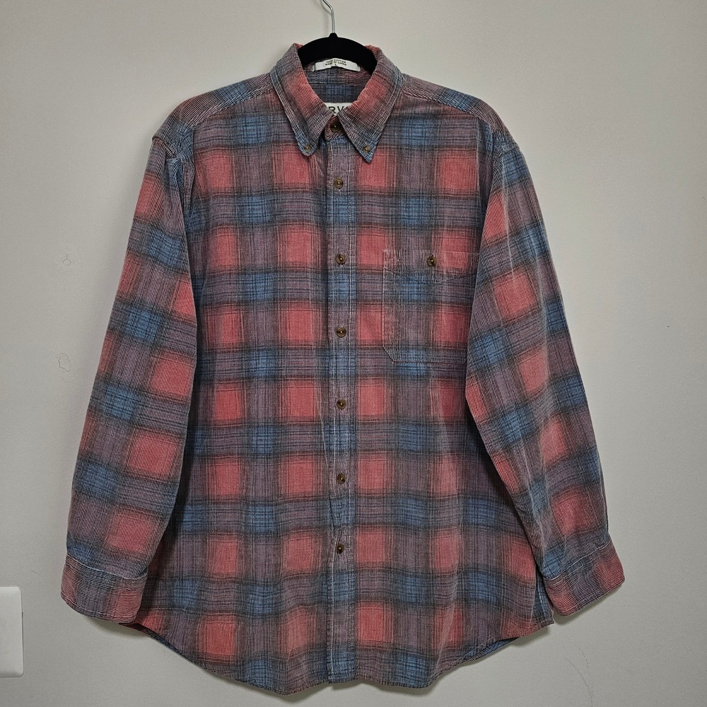 ORVIS Mens L Plaid Corduroy Button Down‎ Shirt Long Sleeve Cotton Pink Gray - Picture 2 of 9
